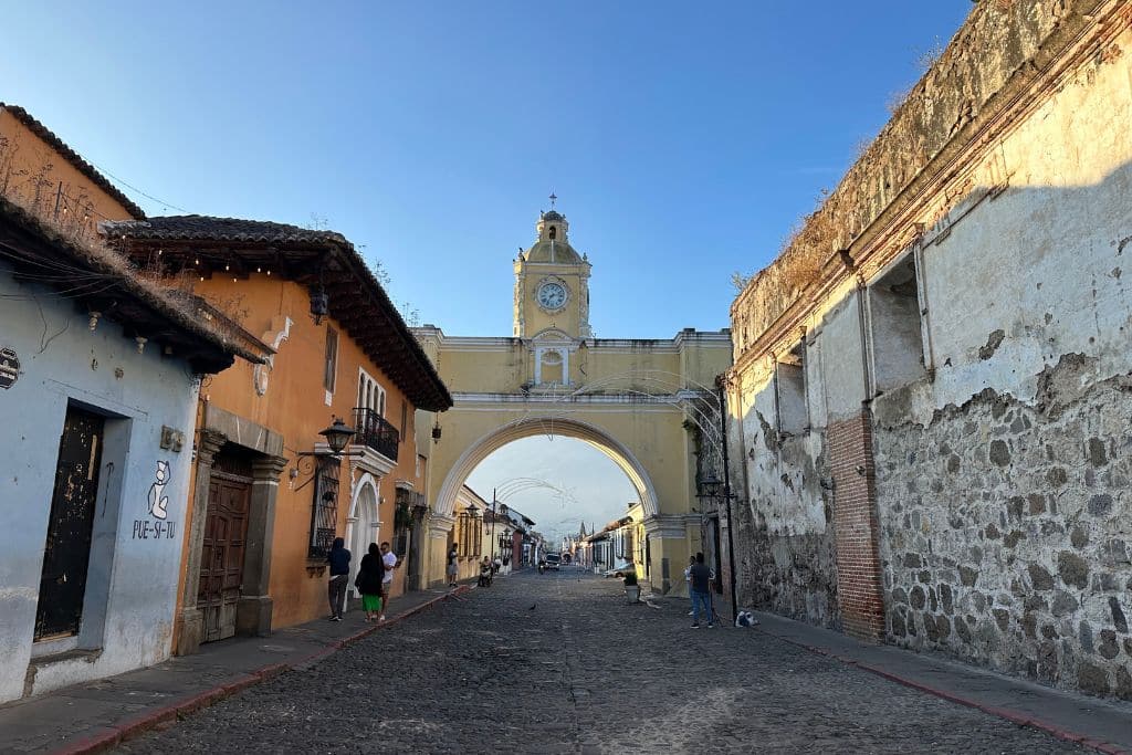 The Santa Catalina Arch in Antigua Guatemala and clear blue skies