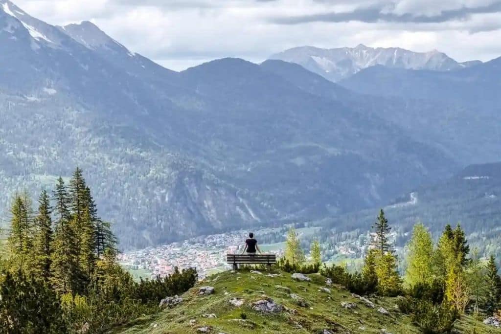 bench looking out over the mountain views at Seebensee in Austria