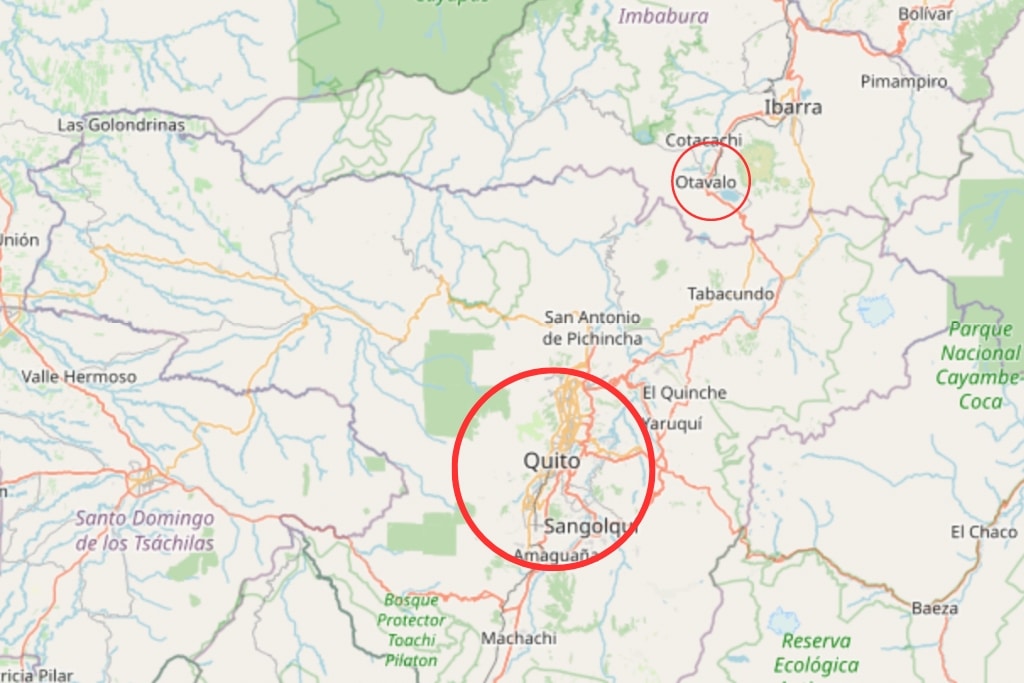 A map of the nothern region of Ecuador including Quito and Otavalo