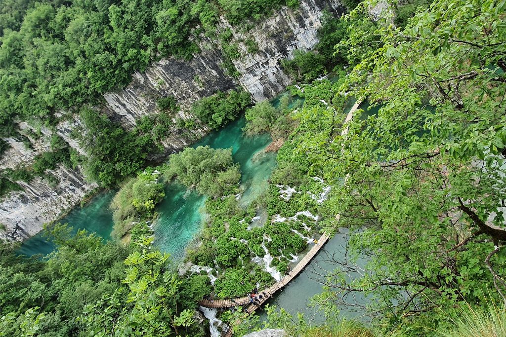 View from above of the beautiful blue waters at Plitvice lakes in Croatia