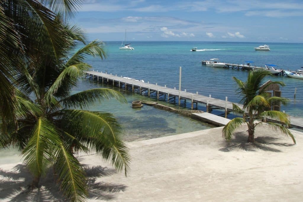 a stunning white sand beach with palm trees and long piers on Ambergris Caye Belize